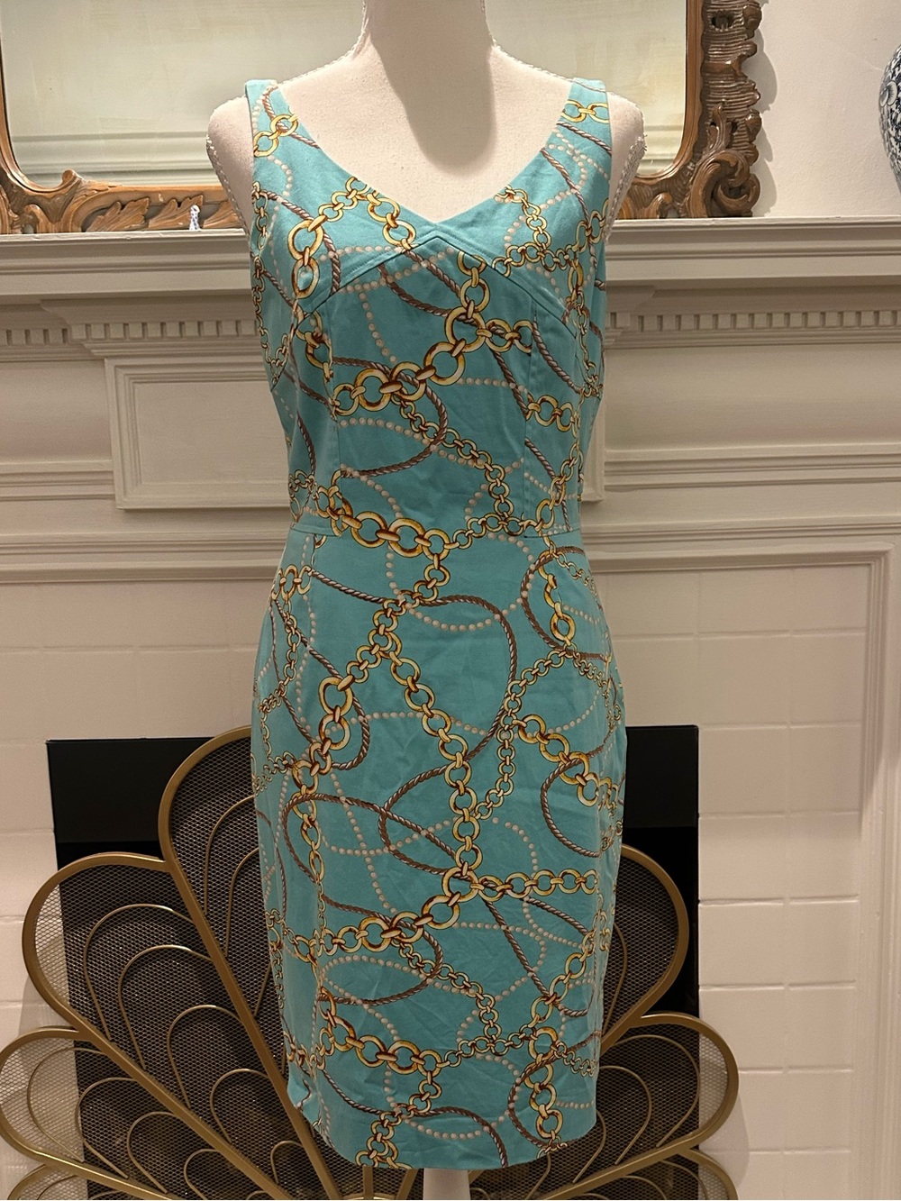 Tahari Turquoise Chain-Print Sleeveless Sheath Dress